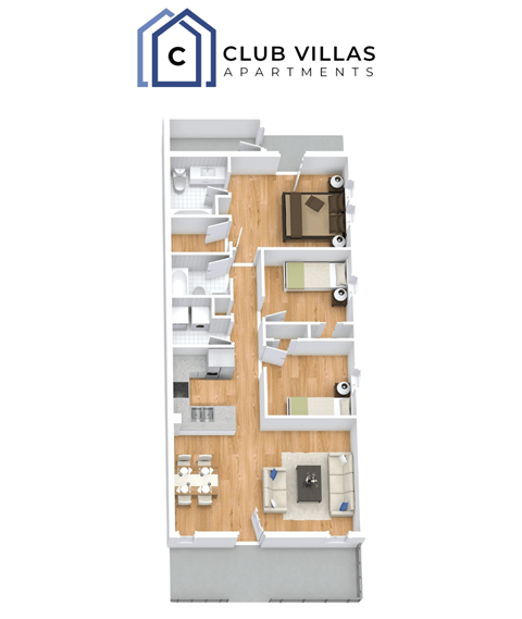 Floor plan for 3 beds, 2 baths, 1287 sqft